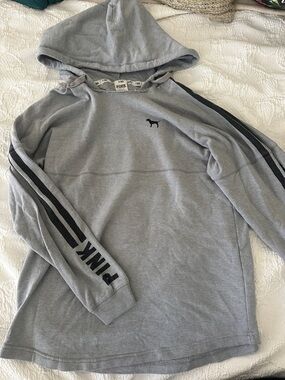 PINK Victoria's Secret Men's Light Gray Hoodie with Black Logo & Sleeve Stripes